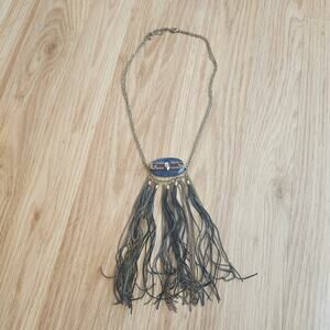 Boho Fringe Bib Necklace Gold Tone Chain Tassels Lapis-Style Stone 42x28mm
